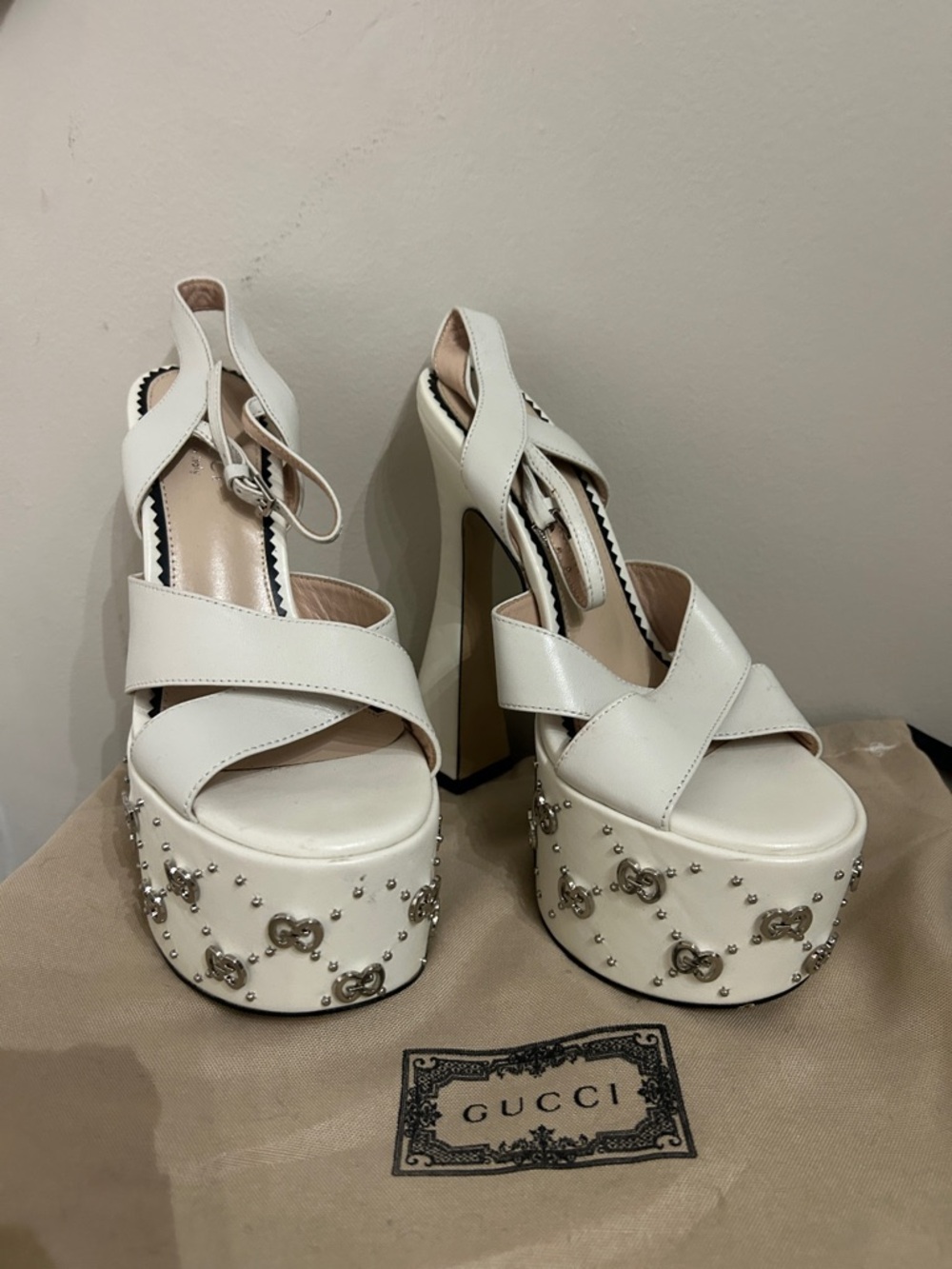 Gucci Off White Platform Block Heel Sandals with Studded GG - Copy